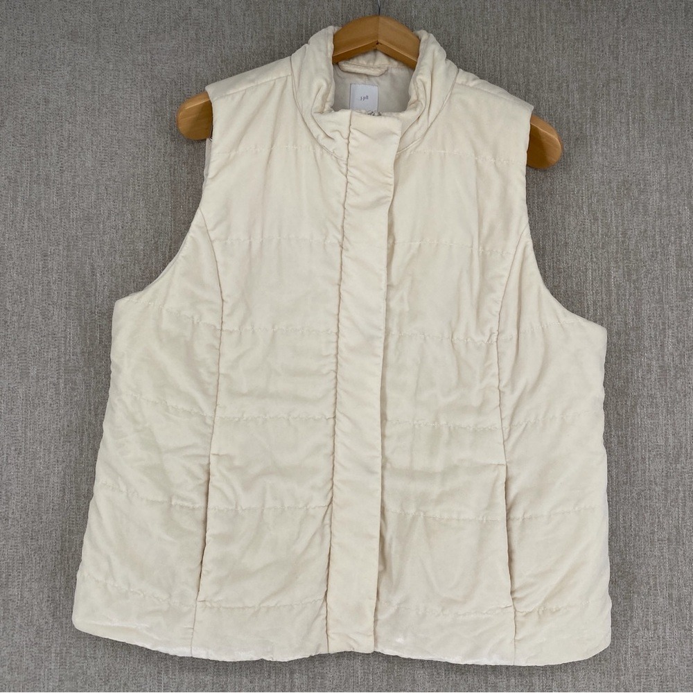 J. Jill Velvet Puffer Vest XL Petite Cream Quilted Zip Front Pockets